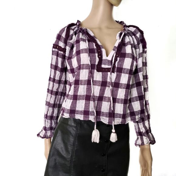 Free People Tops - Free People | Honey Grove Crepe Ruffle Wrist Cutout Lace Plum Plaid Top